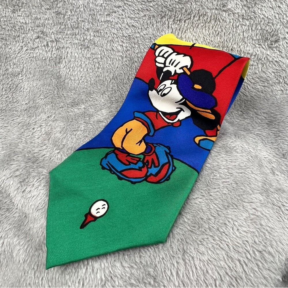 Mickey Mouse Playing Golf Novelty Necktie Tie Silk Blue Green Yellow Vintage NWT
